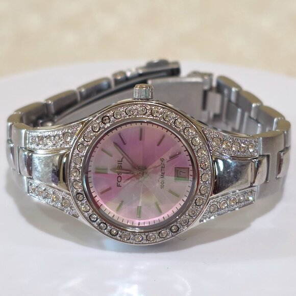 FOSSIL BLUE Pink Dial Rivoli Crystal 100M Quartz Watch Jeweled Bezel Band AM4026 - Picture 2 of 11